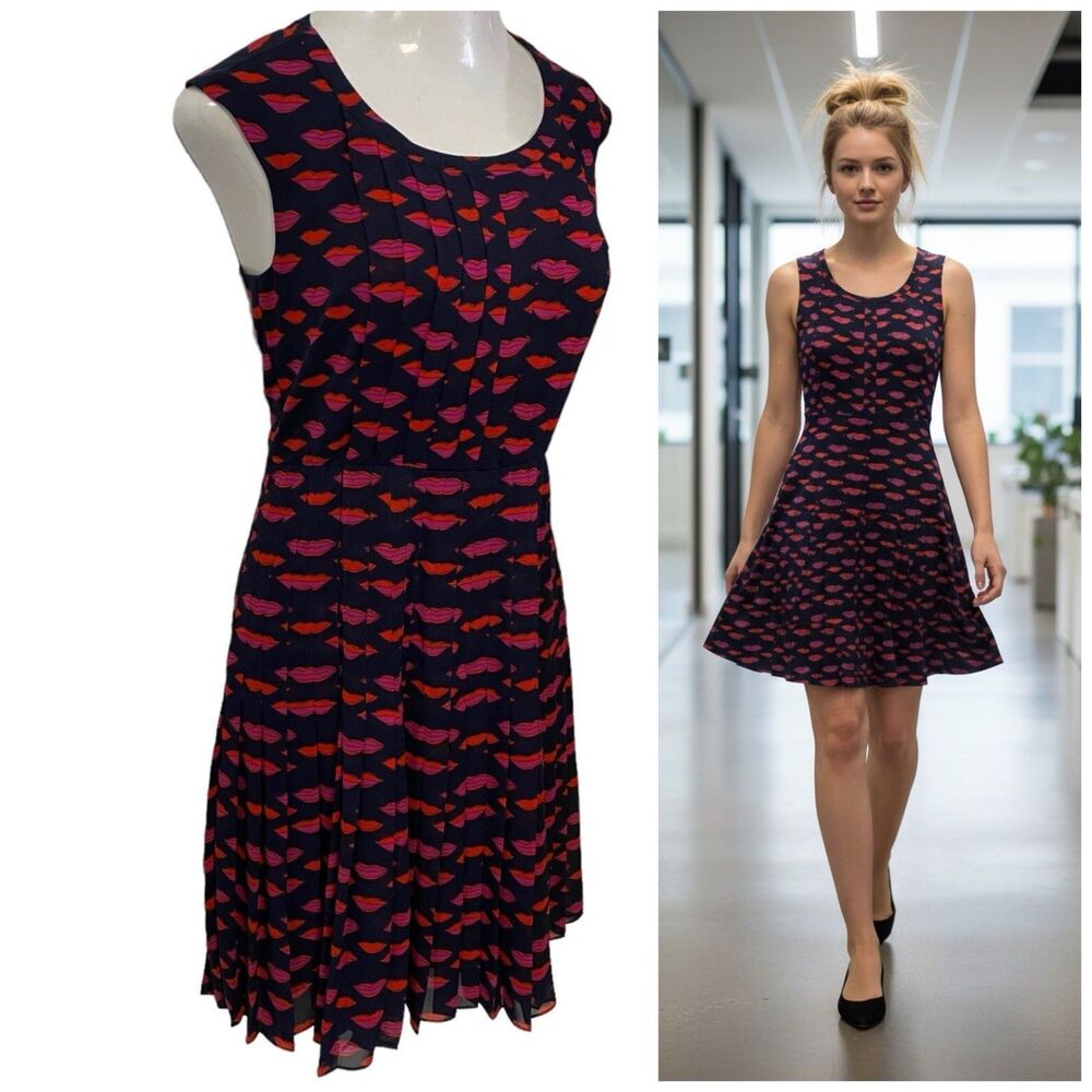 Halogen Dress Womens Size 6 Petite Lips Kiss Blue Red Pintuck Pleating Side Zip